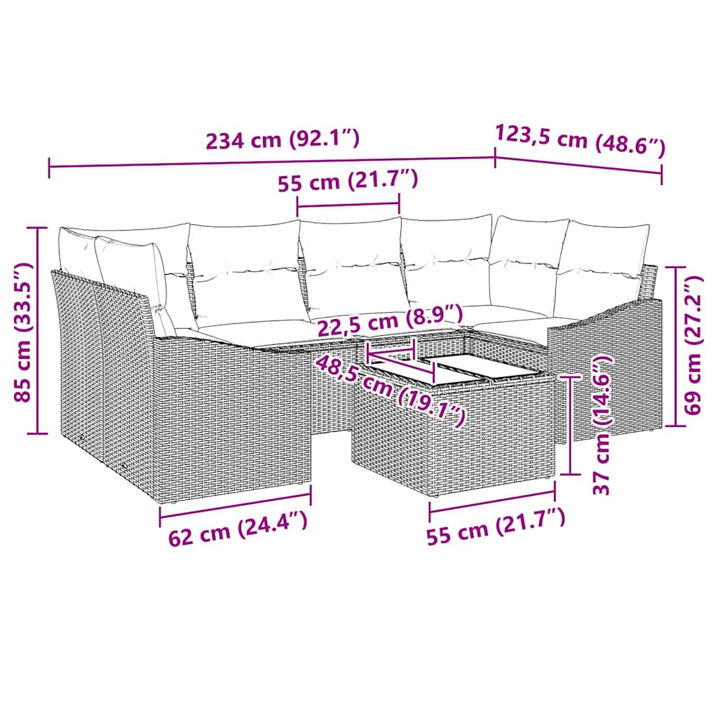 Sofa Set mit Kissen mit Kissen 7 pcs Schwarz Poly-Rattan