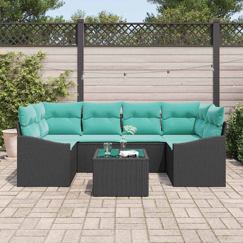 Sofa Set mit Kissen 7 pcs Schwarz und Türkis Poly Rattan