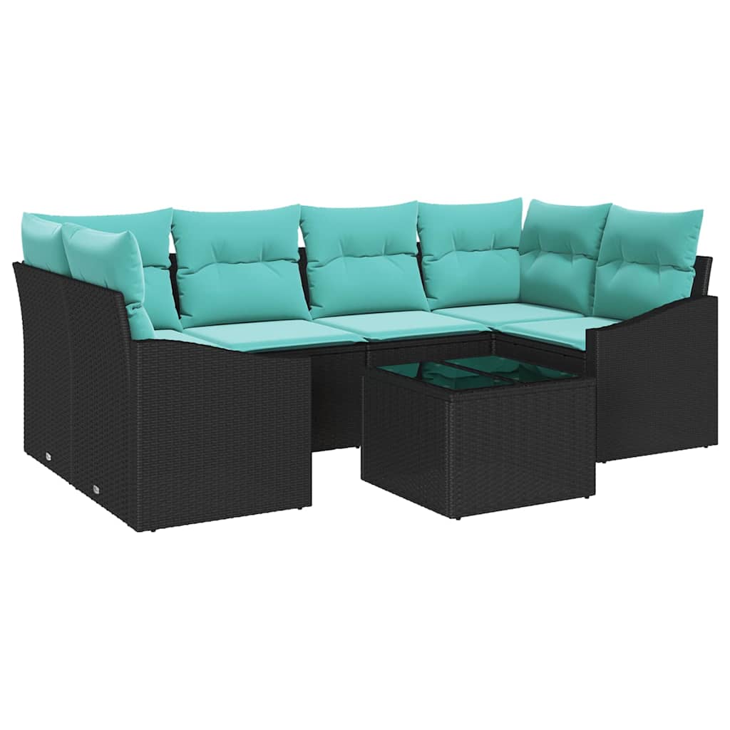 Sofa Set mit Kissen 7 pcs Schwarz und Türkis Poly Rattan