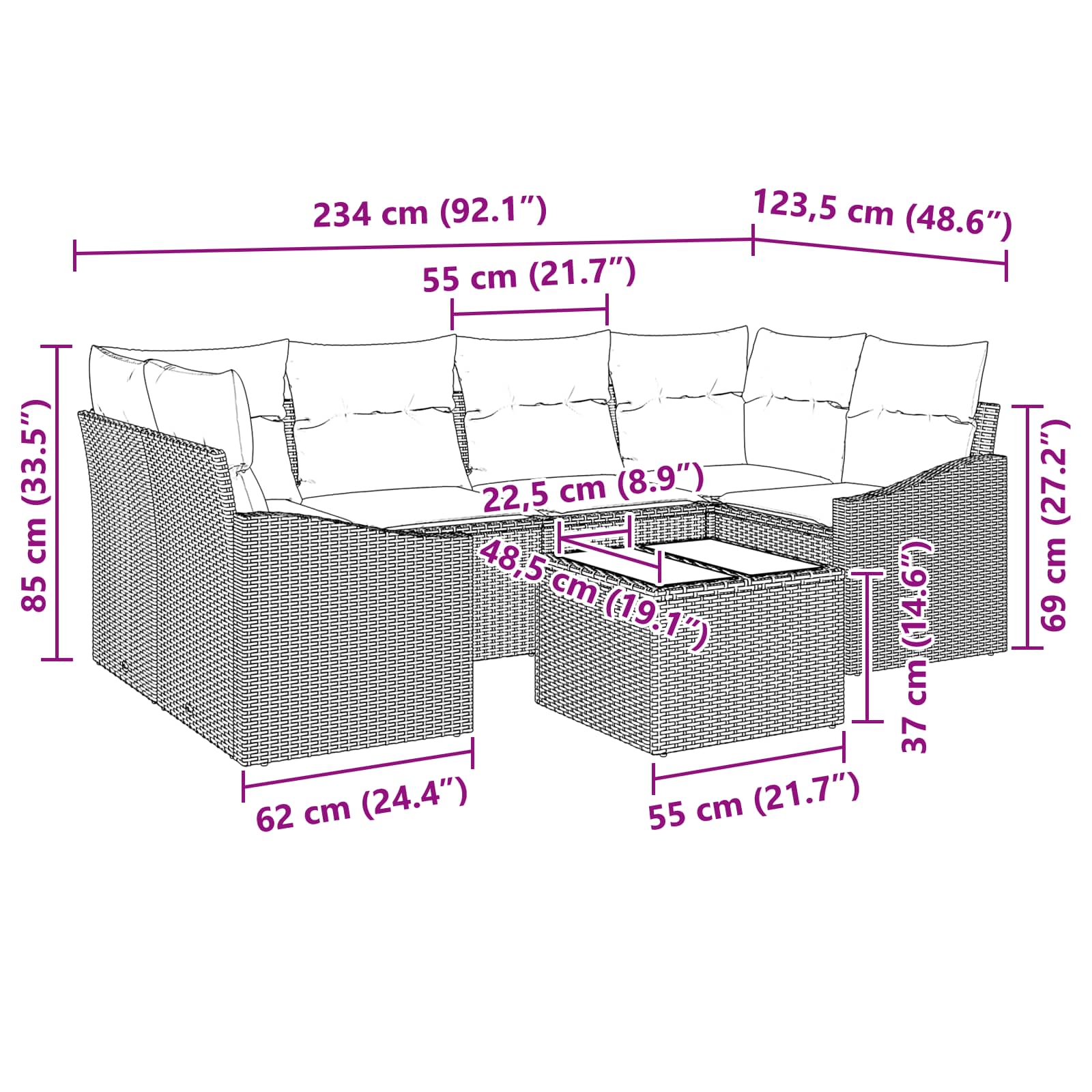 Sofa Set mit Kissen 7 pcs Schwarz und Türkis Poly Rattan