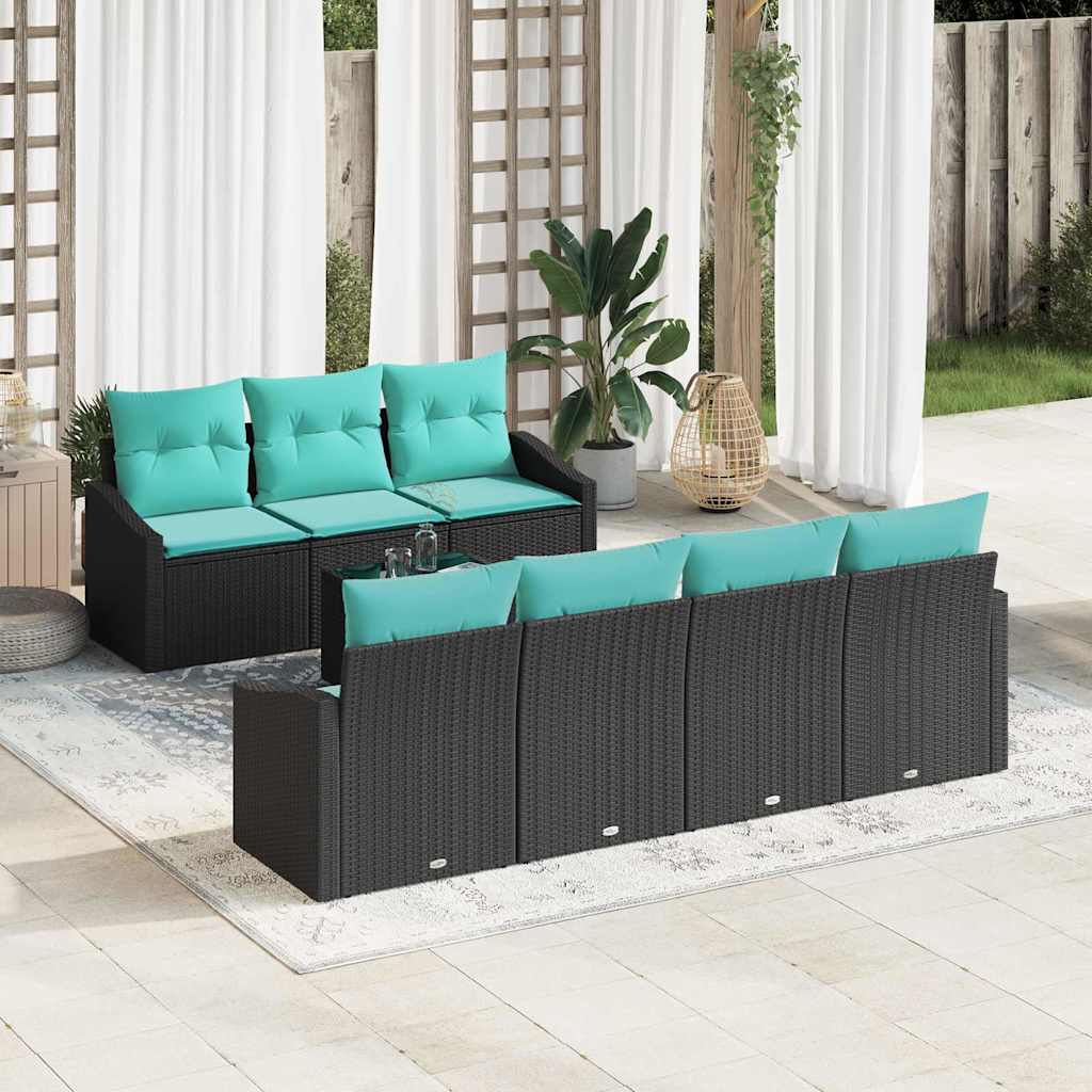 Sofa Set mit Kissen 8 pcs Schwarz und Türkis Poly Rattan