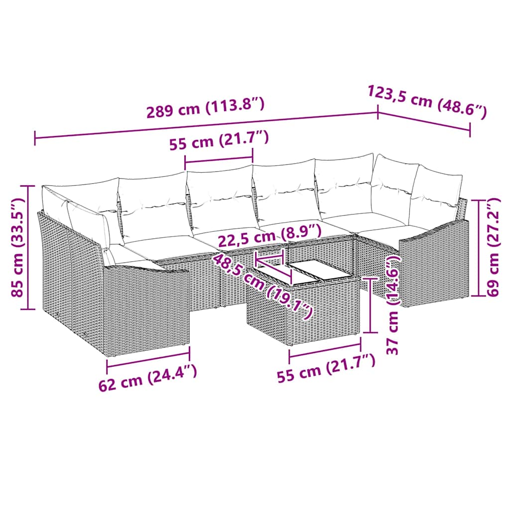 Sofa Set mit Kissen mit Kissen Grau 55 x 55 x 37 cm Poly Rattan