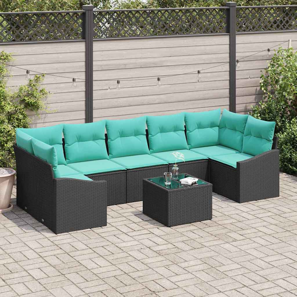 Sofa Set mit Kissen 8 pcs Schwarz und Türkis Poly-Rattan