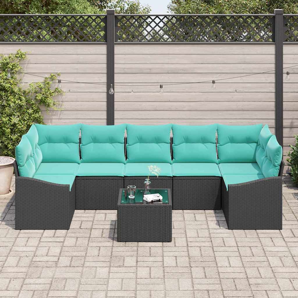 Sofa Set mit Kissen 8 pcs Schwarz und Türkis Poly-Rattan