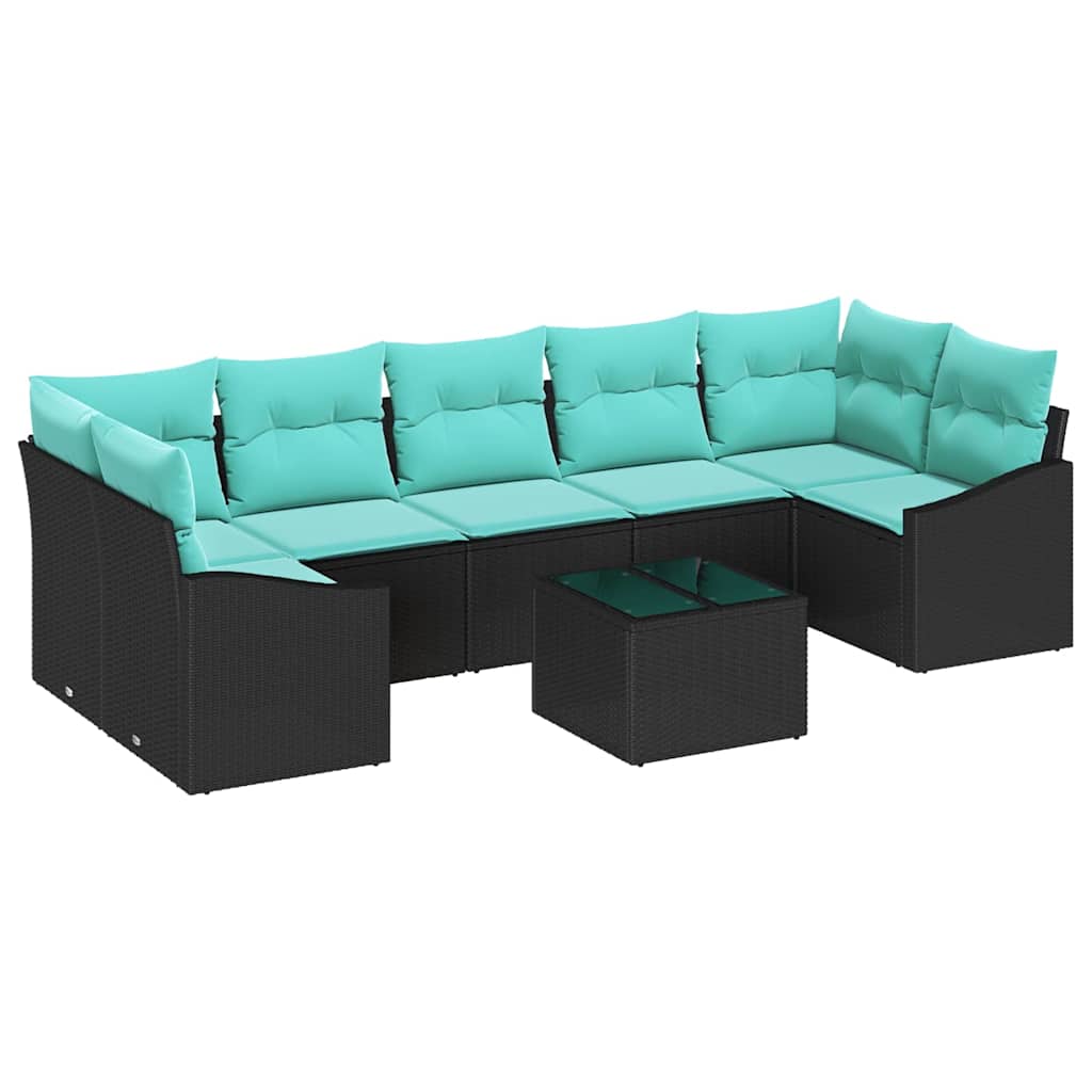 Sofa Set mit Kissen 8 pcs Schwarz und Türkis Poly-Rattan