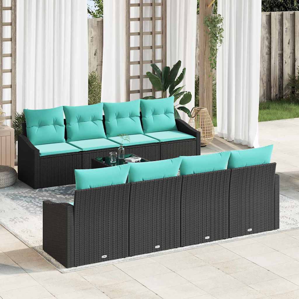 Sofa Set mit Kissen 9 pcs Schwarz und Türkis Poly Rattan