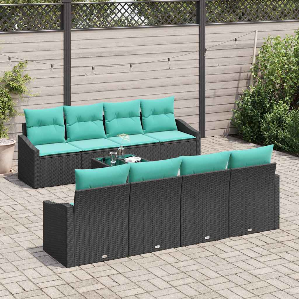 Sofa Set mit Kissen 9 pcs Schwarz und Türkis Poly Rattan