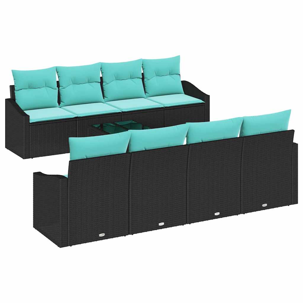 Sofa Set mit Kissen 9 pcs Schwarz und Türkis Poly Rattan