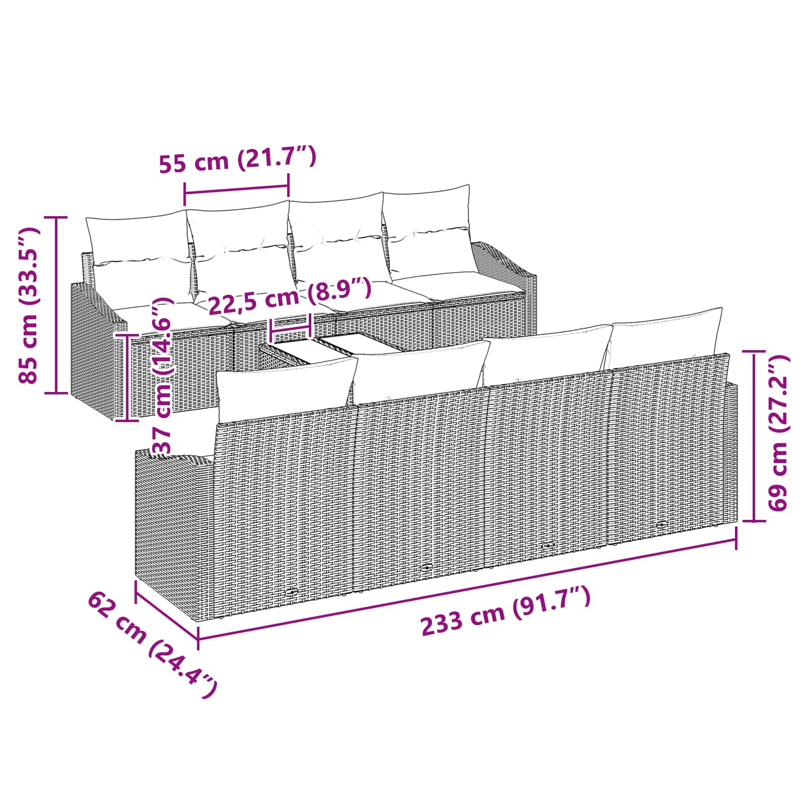 Sofa Set mit Kissen 9 pcs Schwarz und Türkis Poly Rattan