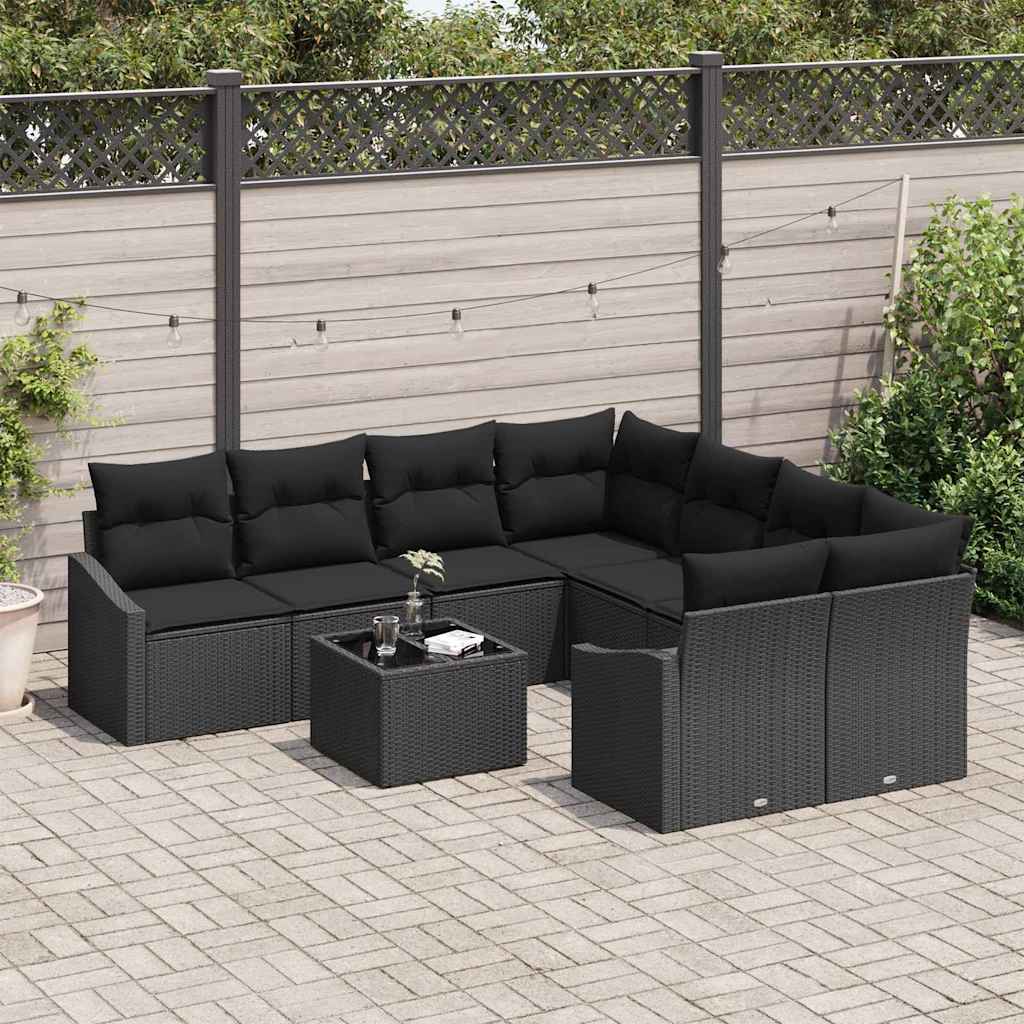 Sofa Set mit Kissen mit Kissen 9 pcs Schwarz Poly-Rattan