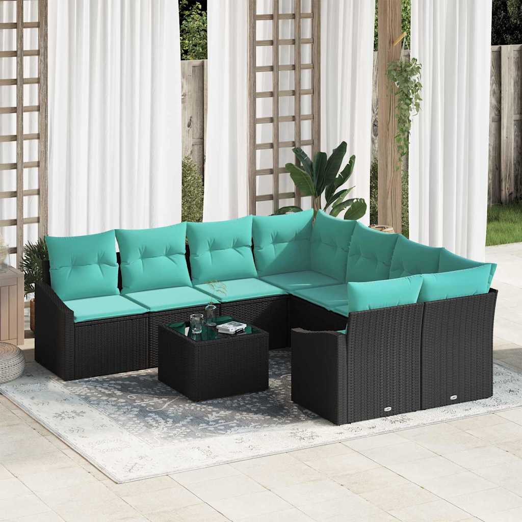 Sofa Set mit Kissen 9 pcs Schwarz und Türkis Poly-Rattan