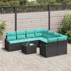 Sofa Set mit Kissen 9 pcs Schwarz und Türkis Poly-Rattan