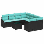 Sofa Set mit Kissen 9 pcs Schwarz und Türkis Poly-Rattan
