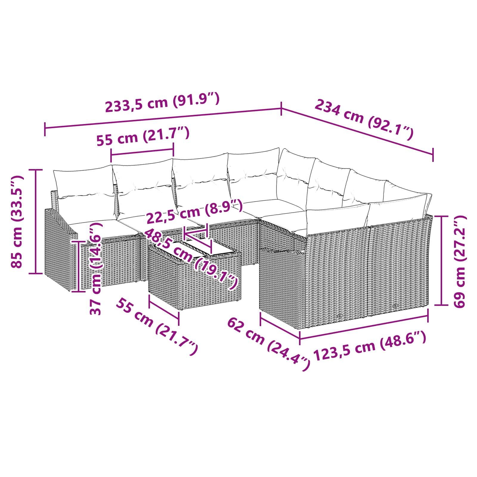 Sofa Set mit Kissen 9 pcs Schwarz und Türkis Poly-Rattan