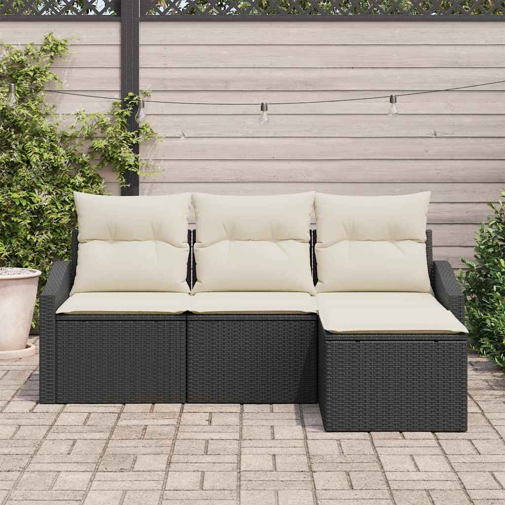 Sofa Set mit Kissen 4 pcs Schwarz Poly Rattan