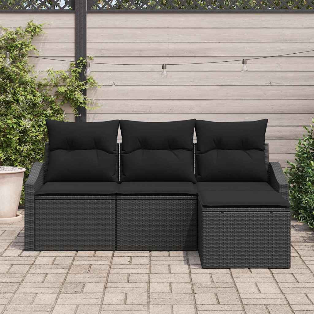 Sofa Set mit Kissen 4 pcs Schwarz Poly Rattan