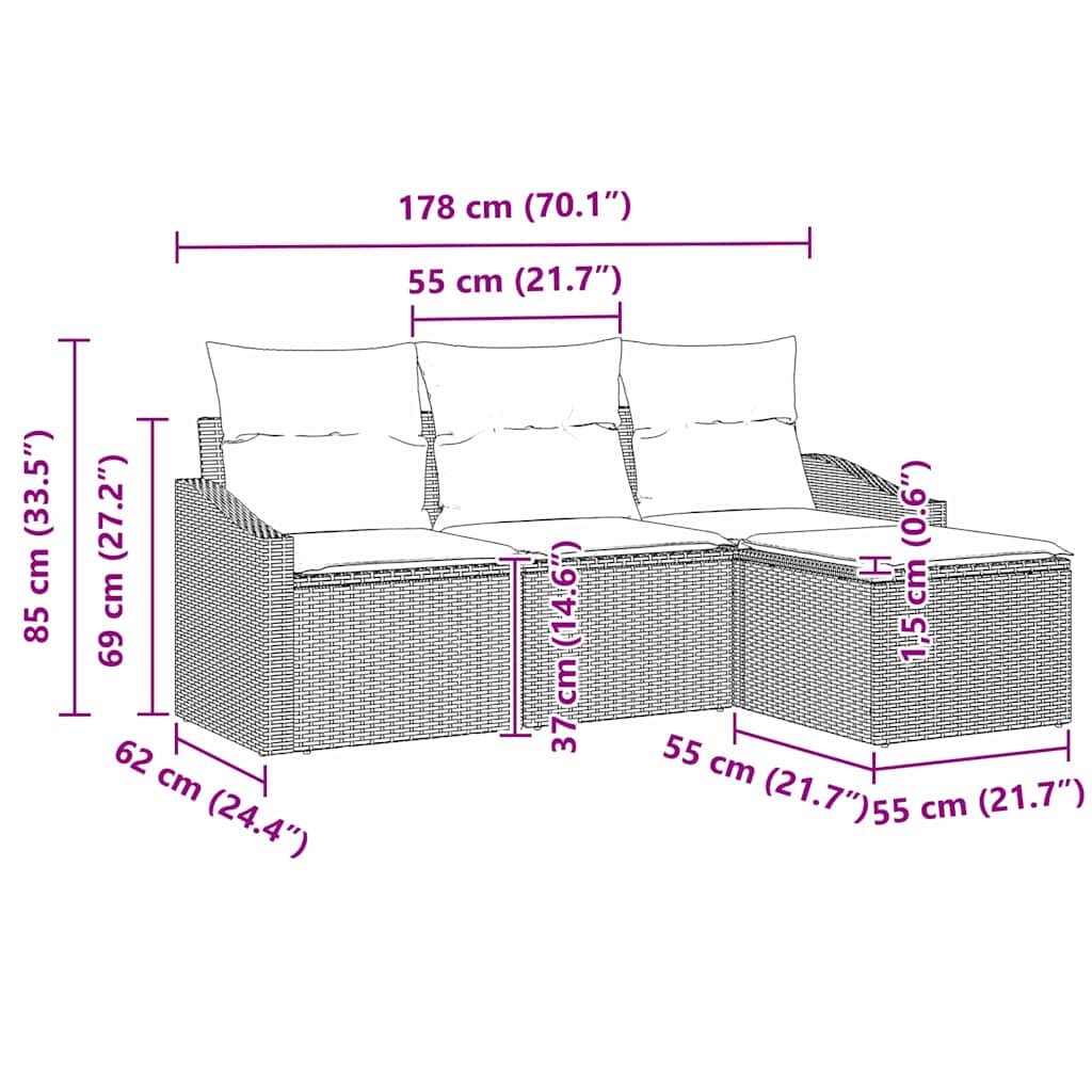 Sofa Set mit Kissen 4 pcs Schwarz Poly Rattan