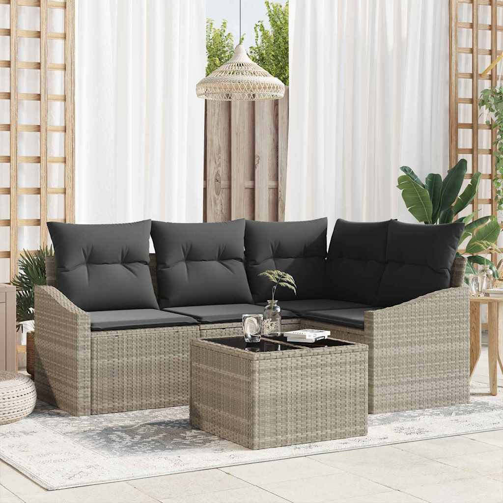 Sofa Set mit Kissen 5 pcs Hellgrau Poly-Rattan