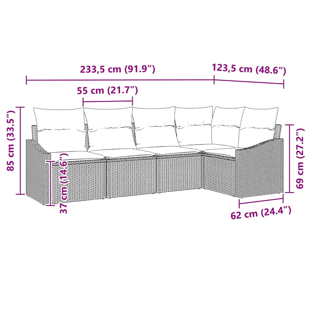 Sofa Set mit Kissen 5 pcs Braun Poly Rattan