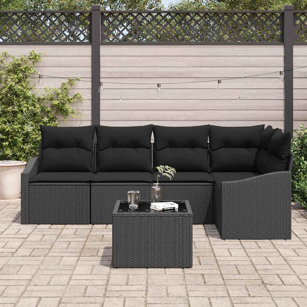 Sofa Set mit Kissen 6 pcs Schwarz Poly-Rattan