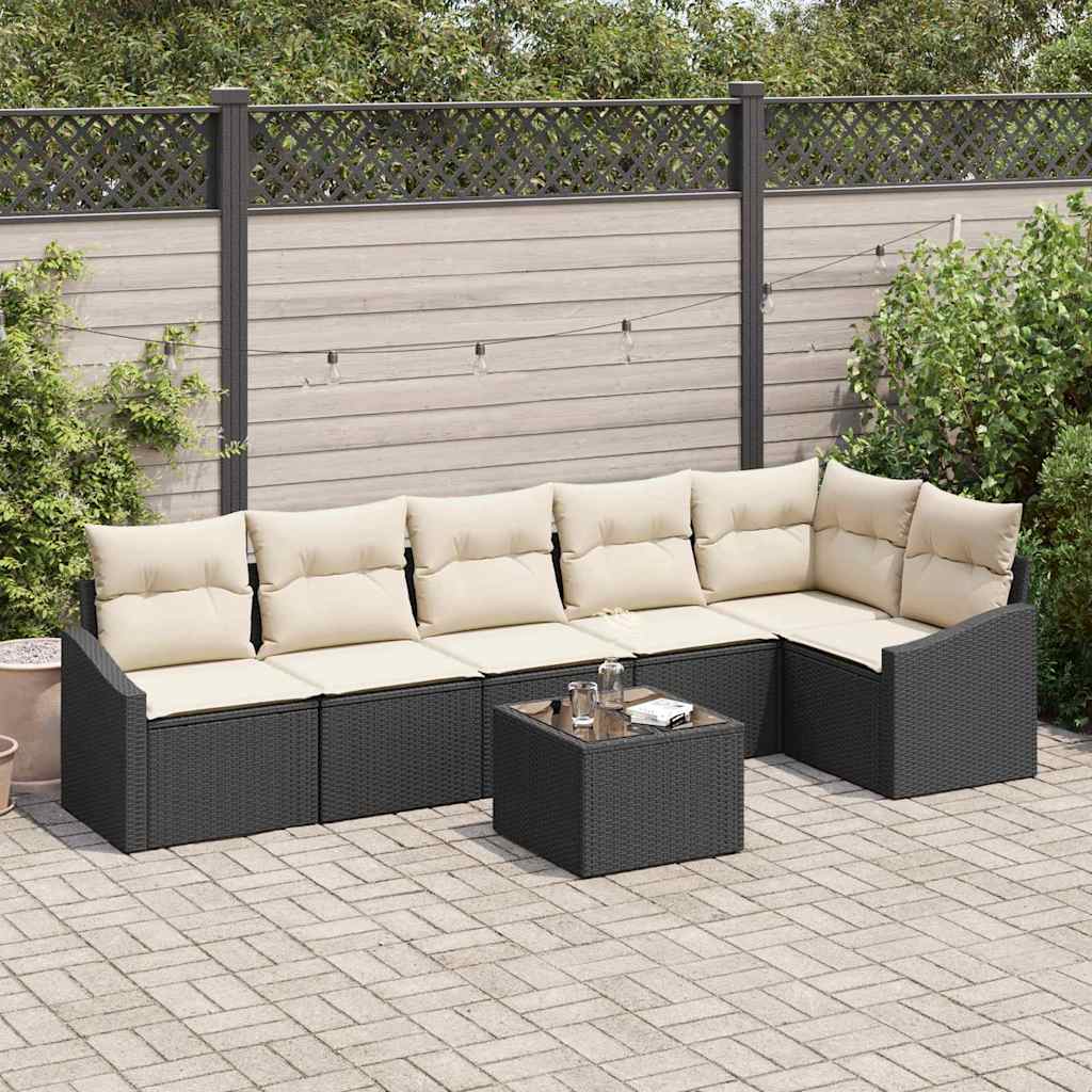 Sofa Set mit Kissen 7 pcs Schwarz Poly Rattan