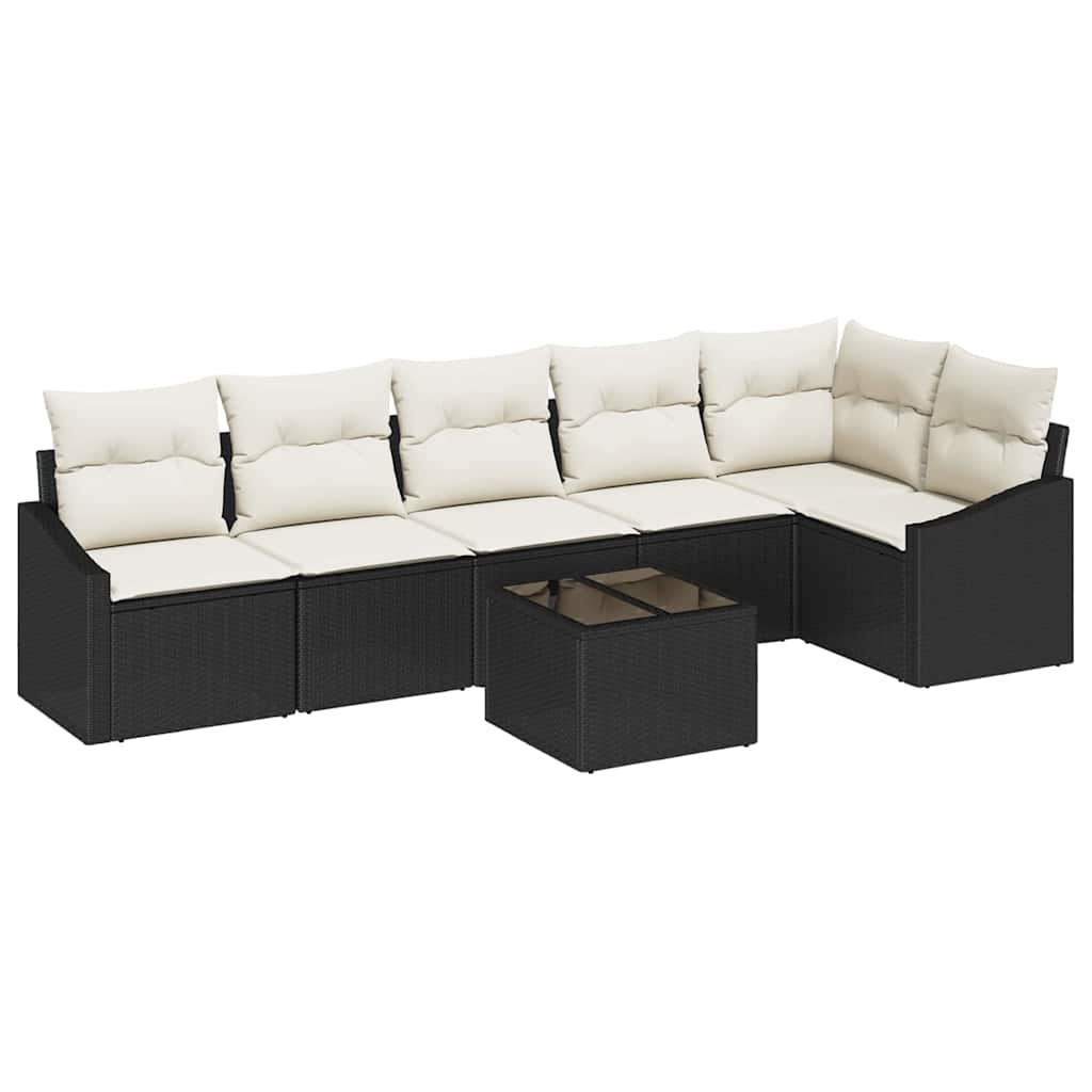 Sofa Set mit Kissen 7 pcs Schwarz Poly Rattan