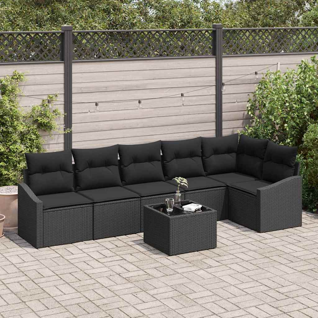 Sofa Set mit Kissen 7 pcs Schwarz Poly-Rattan