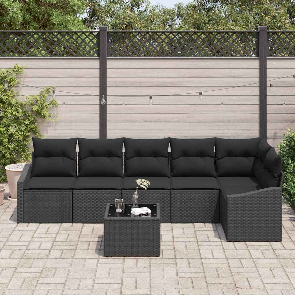 Sofa Set mit Kissen 7 pcs Schwarz Poly-Rattan