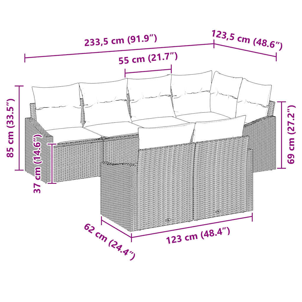 Sofa Set mit Kissen 7 pcs Hellgrau Poly-Rattan