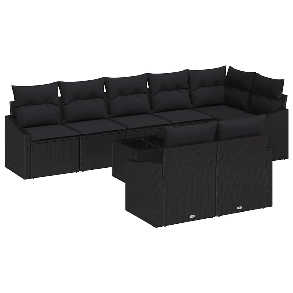 Sofa Set mit Kissen 9 pcs Schwarz Poly-Rattan