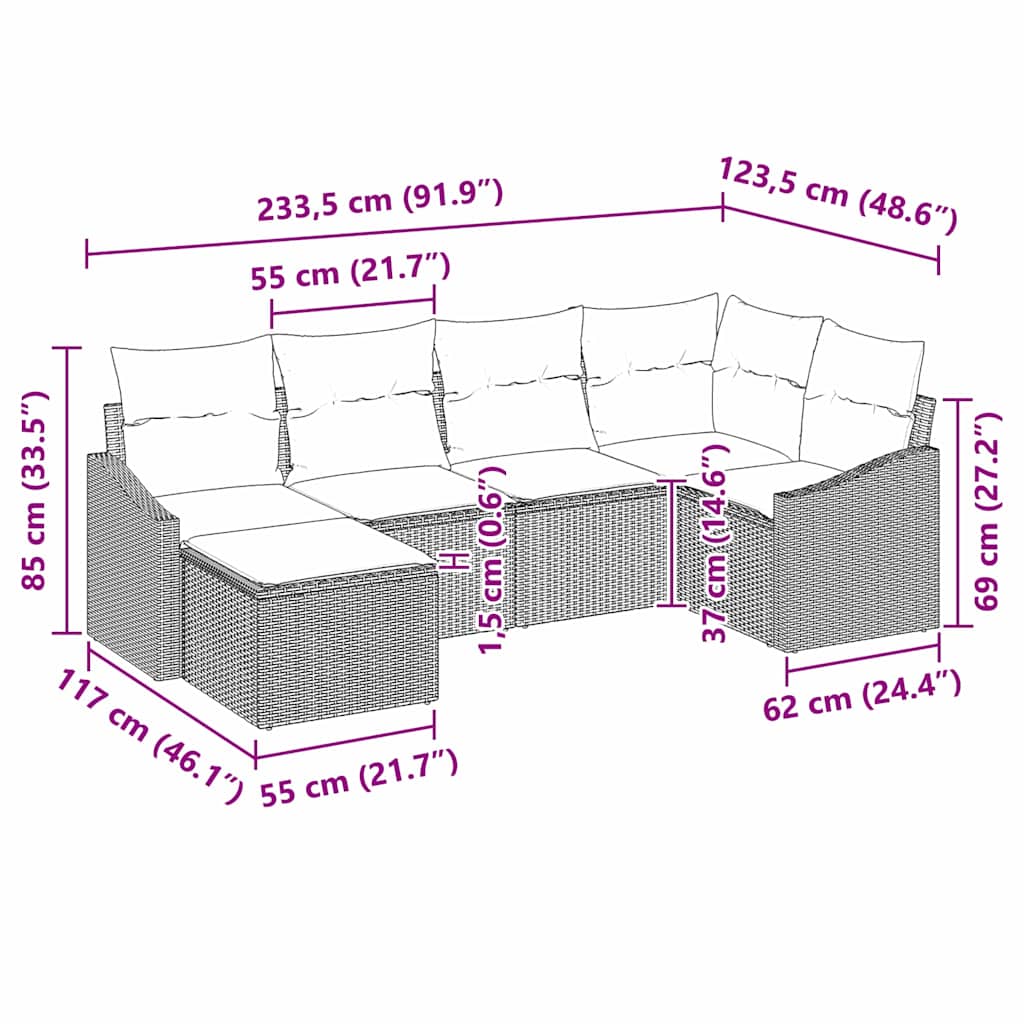 Sofa Set mit Kissen 6 pcs Schwarz Poly-Rattan