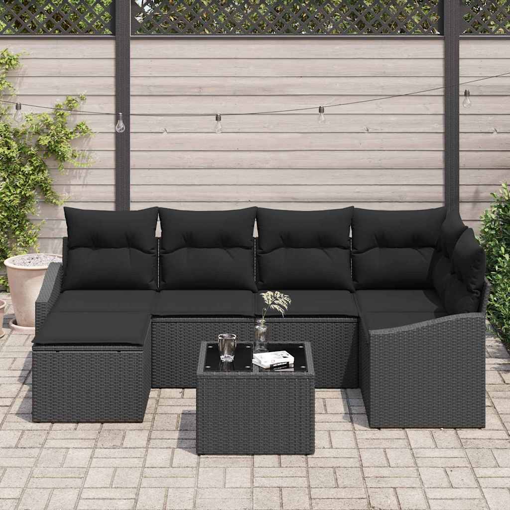 Sofa Set mit Kissen 7 pcs Schwarz Poly Rattan