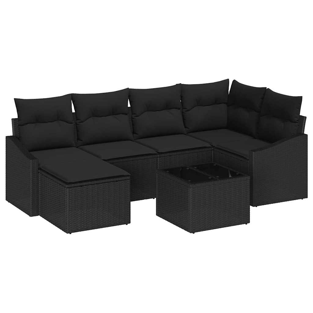 Sofa Set mit Kissen 7 pcs Schwarz Poly Rattan
