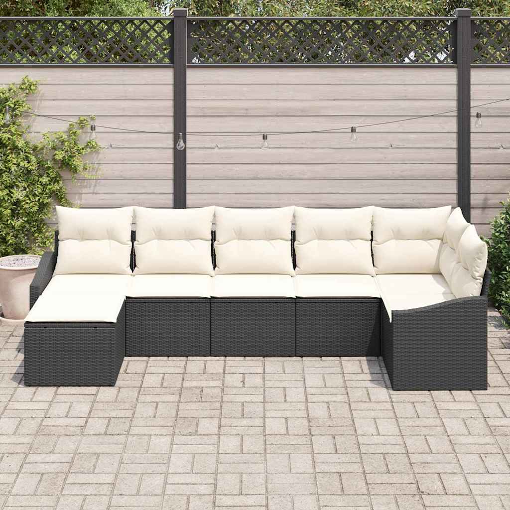 Sofa Set mit Kissen 7 pcs Schwarz Poly Rattan