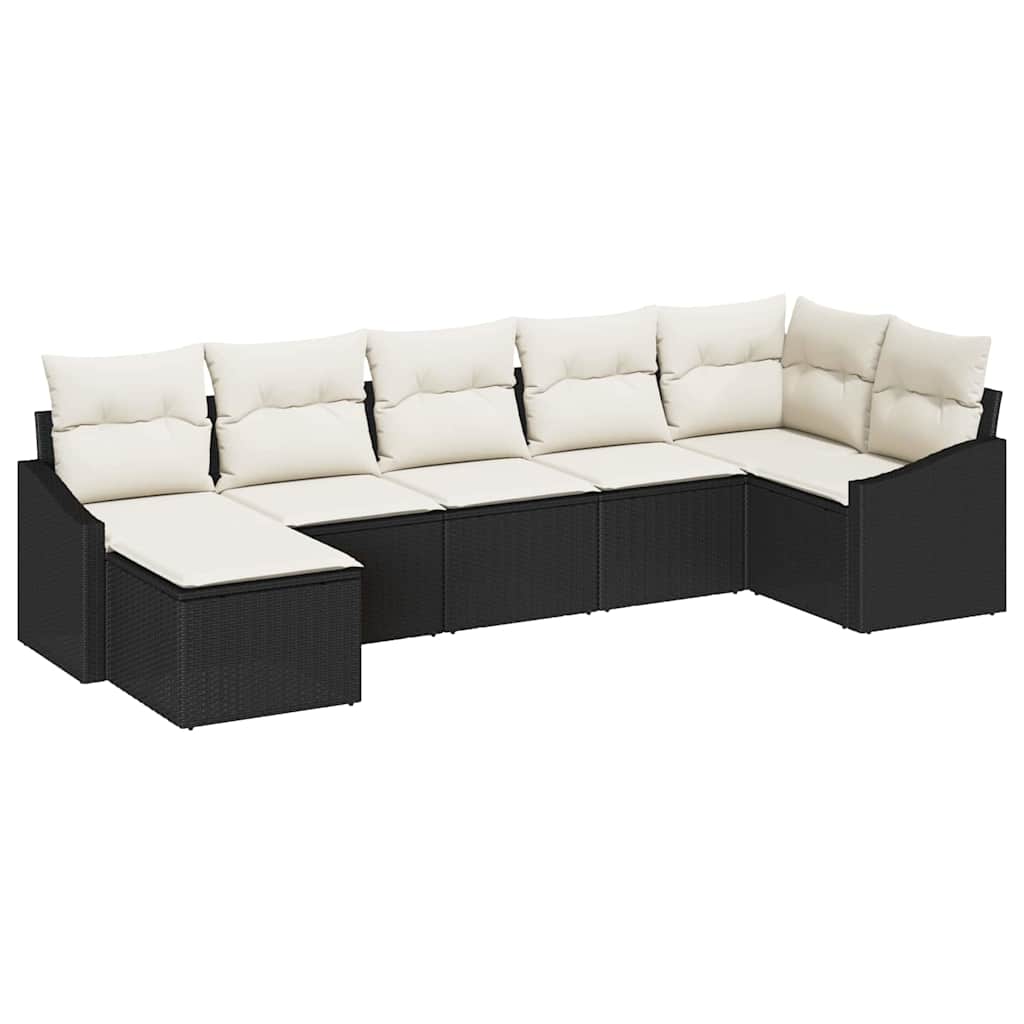 Sofa Set mit Kissen 7 pcs Schwarz Poly Rattan