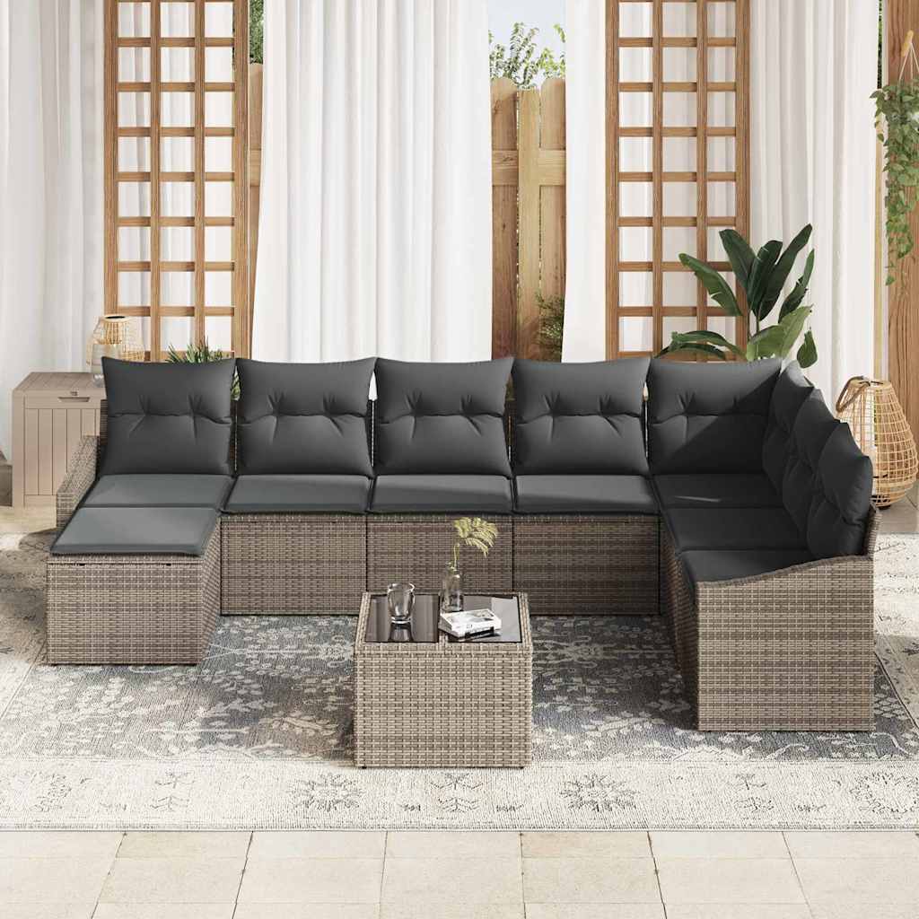 Sofa Set mit Kissen 9 pcs Grau Poly Rattan