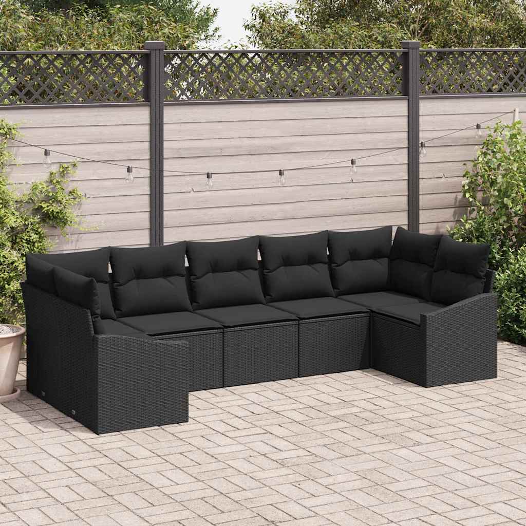 Sofa Set mit Kissen 7 pcs Schwarz Poly Rattan