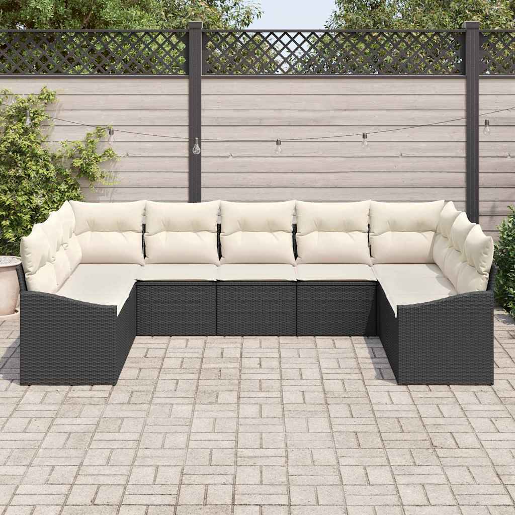 Sofa Set mit Kissen 9 pcs Schwarz Poly Rattan