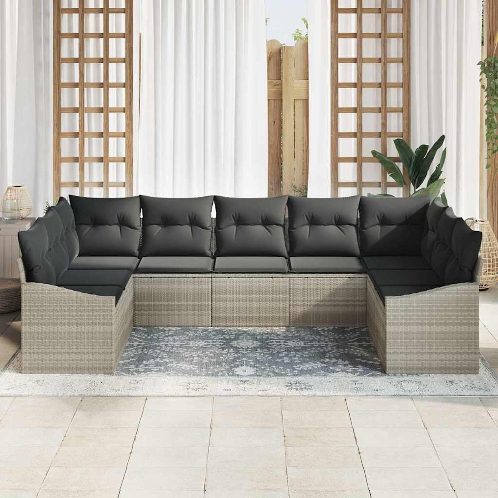Sofa Set mit Kissen 9 pcs Hellgrau Poly Rattan