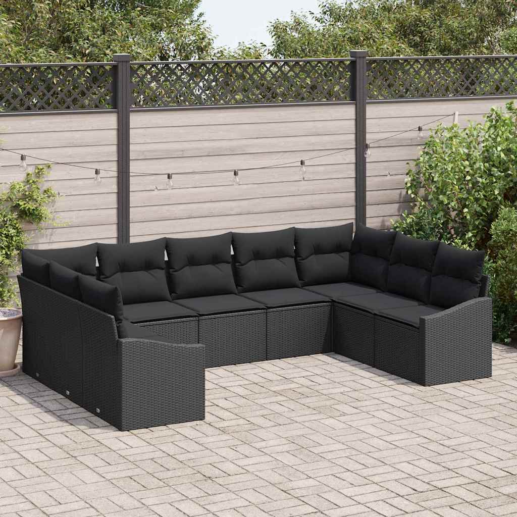 Sofa Set mit Kissen 9 pcs Schwarz Poly Rattan