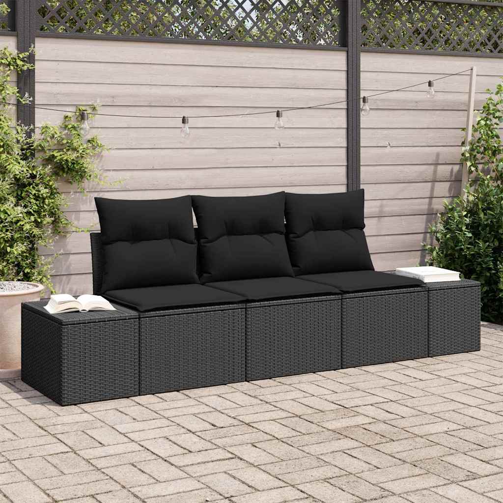 Sofa Set mit Kissen 3 pcs Schwarz Poly-Rattan