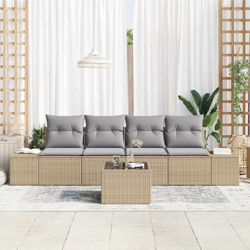 Sofa Set mit Kissen 5 pcs Beige und Hellgrau Poly Rattan