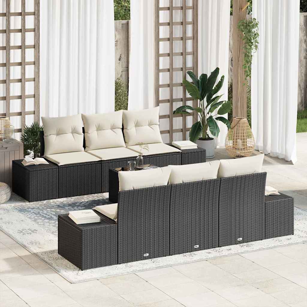 Sofa Set mit Kissen 7 pcs Schwarz Poly Rattan