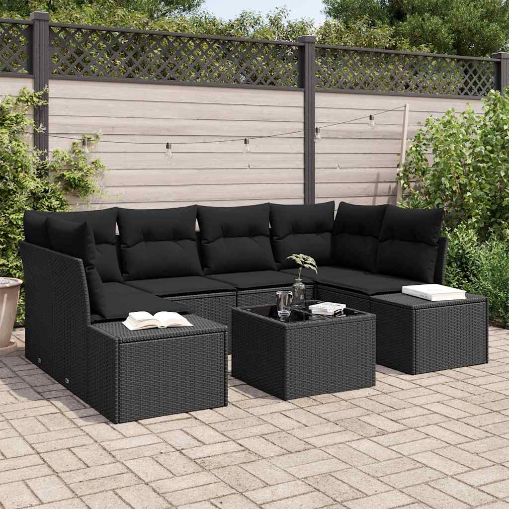 Sofa Set mit Kissen 7 pcs Schwarz Poly Rattan