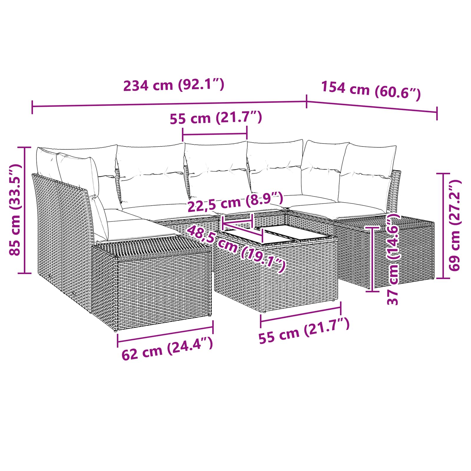 Sofa Set mit Kissen 7 pcs Braun Poly Rattan