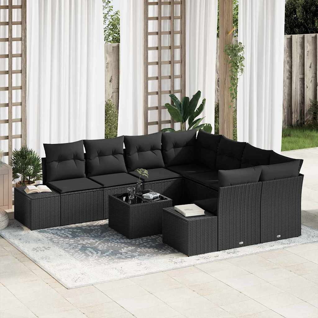 Sofa Set mit Kissen 9 pcs Schwarz Poly Rattan