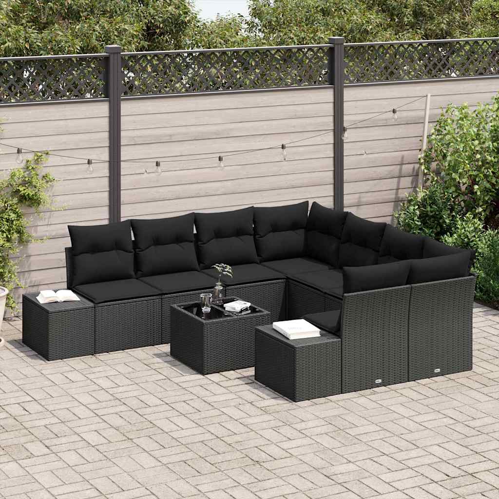 Sofa Set mit Kissen 9 pcs Schwarz Poly Rattan