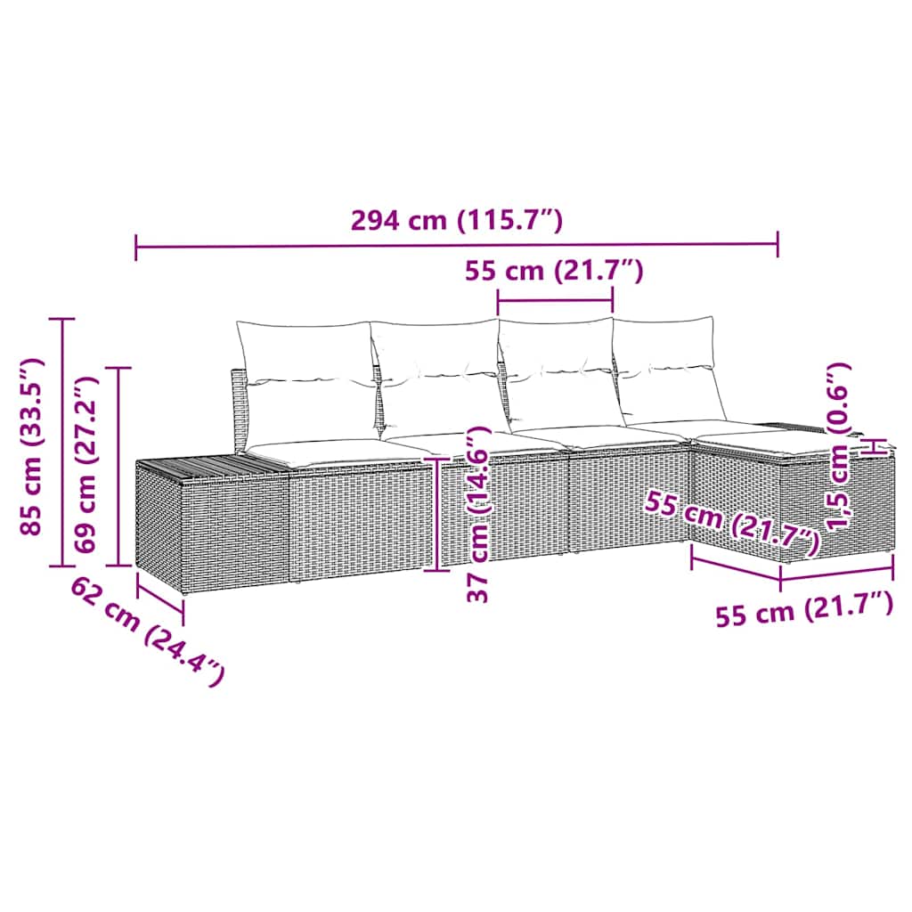 Sofa Set mit Kissen 5 pcs Schwarz Poly Rattan