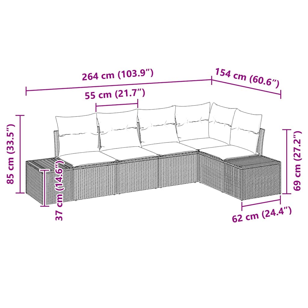 Gartensofa-set 5 pcs Schwarz Poly-Rattan