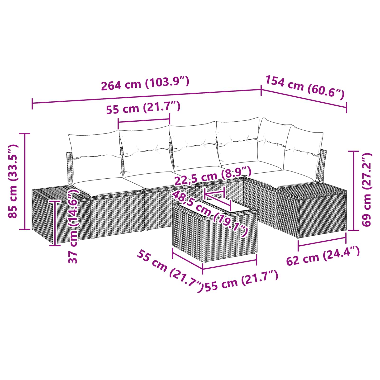Gartensofa-set mit Kissen 6 pcs Braun Poly-Rattan